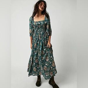 ❤️‍🔥BOGO FREE people Oasis Green Combo Peasant Smocked Long Sleeve Maxi Dress XL